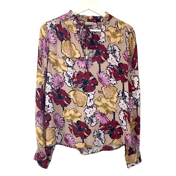 Hinge‎ Floral Tie Neck Blouse Sz L-XL Ruffles Button Cuff Romantic - Picture 1 of 9